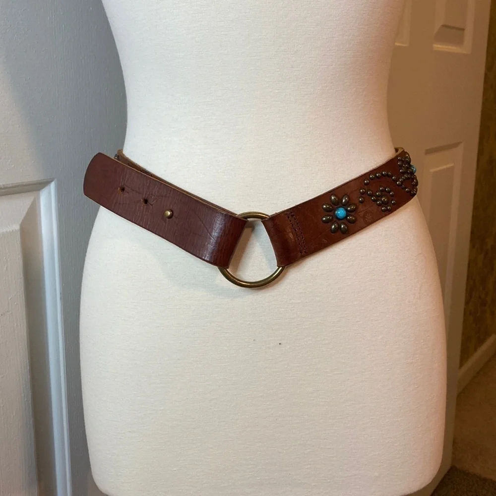 Old Navy Brown Leather Turquoise Studded Belt in EUC